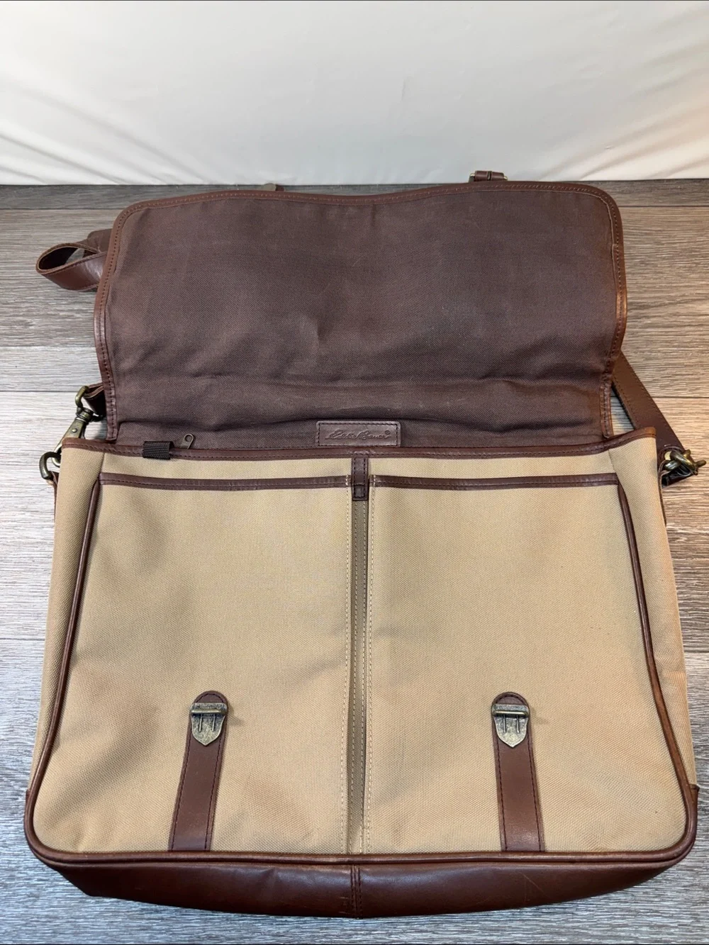 Eddie Bauer Tan Canvas Messenger Bag with Brown Leather Trim